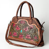 ADBGZ478 Tooled Leather Western Tote Bag - Floral Carving with Turquoise Accent & Dual Handles