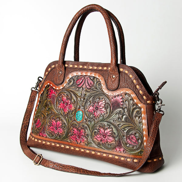 ADBGZ478 Tooled Leather Western Tote Bag - Floral Carving with Turquoise Accent & Dual Handles