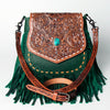 LC-ADBGZ479 Green Leather Western Fringe Messenger Bag - Hand-Tooled Floral Flap with Turquoise Accent