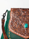 LC-ADBGZ479 Green Leather Western Fringe Messenger Bag - Hand-Tooled Floral Flap with Turquoise Accent