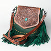 LC-ADBGZ479 Green Leather Western Fringe Messenger Bag - Hand-Tooled Floral Flap with Turquoise Accent