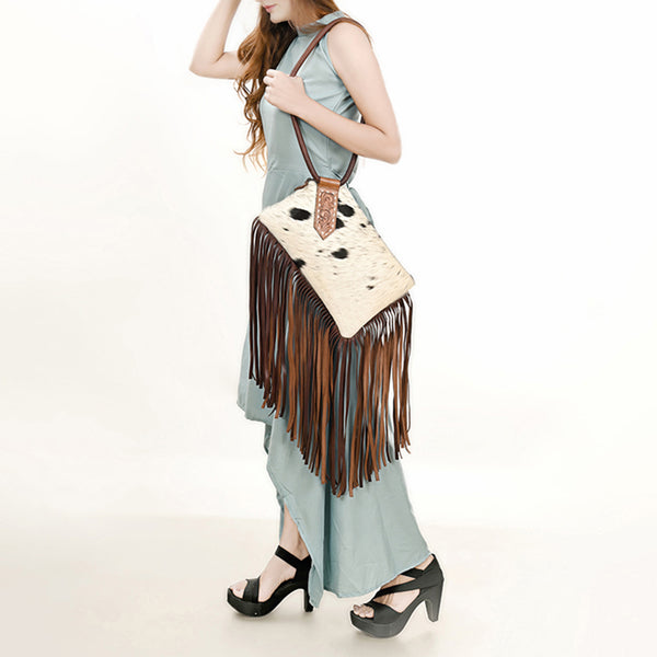 ADBGZ328 Cowhide Fringe Wristlet - White & Black Hair-On Hide with Tooled Leather Accent