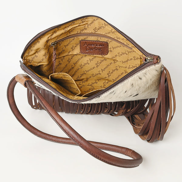 ADBGZ328 Cowhide Fringe Wristlet - White & Black Hair-On Hide with Tooled Leather Accent