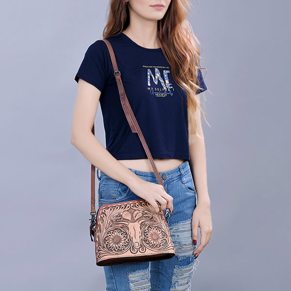ADBG769 American Darling Hand Tooled Western Leather Crossbody - Floral Carved Full Grain Leather
