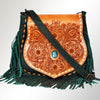 LC-ADBGZ483 Tan & Green Tooled Leather Messenger Bag - Floral Design with Turquoise Accent and Fringe