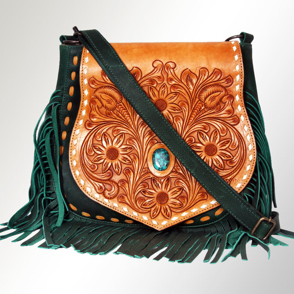 LC-ADBGZ483 Tan & Green Tooled Leather Messenger Bag - Floral Design with Turquoise Accent and Fringe