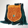 LC-ADBGZ483 Tan & Green Tooled Leather Messenger Bag - Floral Design with Turquoise Accent and Fringe