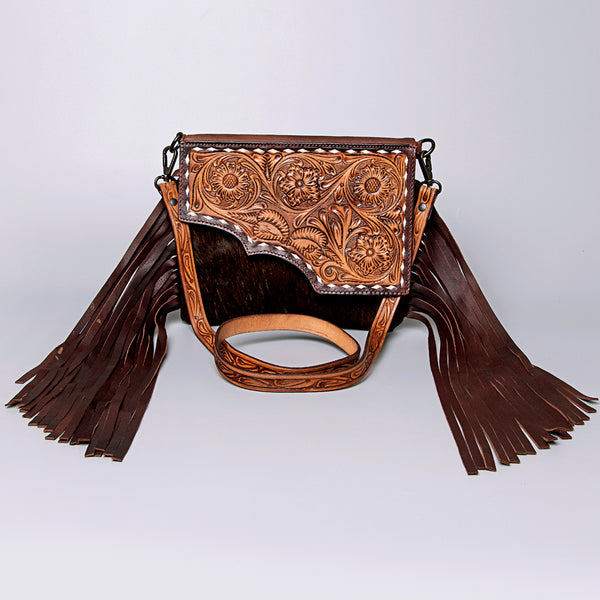 LC-ADBGZ279A Tooled Leather Flap Bag - Hair-On Hide Western Crossbody with Fringe