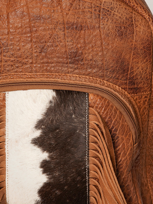 LC-ADBGZ357A Tan Leather Backpack with Cowhide & Fringe - Western Hair-On Hide Daypack