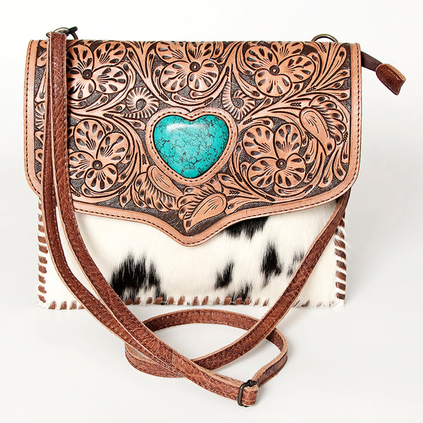 ADBGD149 American Darling Western Leather Cross body Bag - Hand Tooled Floral & Hair on Hide