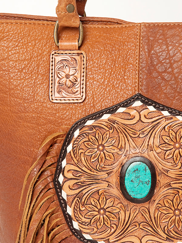 ADBGA208A American Darling Hand Tooled Fringed Genuine Leather Tote Bag with Turquoise Concho