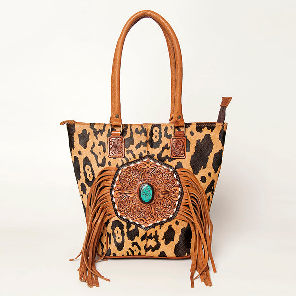 ADBGA208 American Darling Hair-On Cowhide Fringed Leather Tote Bag with Turquoise Concho