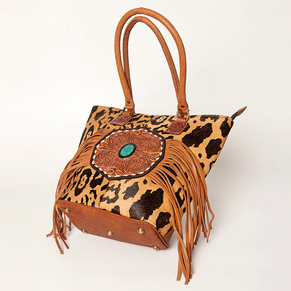 ADBGA208 American Darling Hair-On Cowhide Fringed Leather Tote Bag with Turquoise Concho