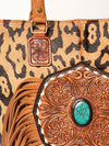 ADBGA208 American Darling Hair-On Cowhide Fringed Leather Tote Bag with Turquoise Concho