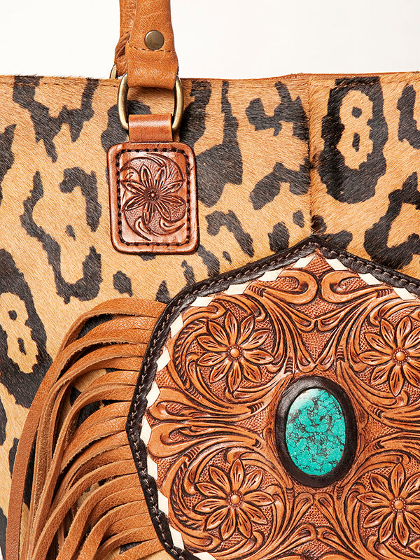 ADBGA208 American Darling Hair-On Cowhide Fringed Leather Tote Bag with Turquoise Concho