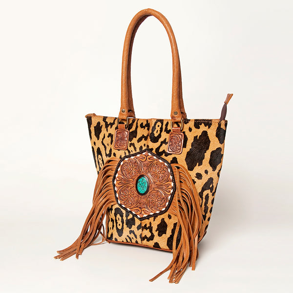 ADBGA208 American Darling Hair-On Cowhide Fringed Leather Tote Bag with Turquoise Concho