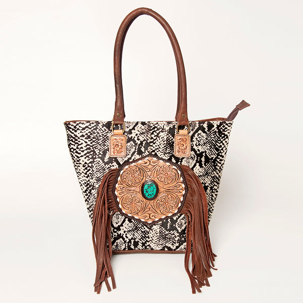 ADBGA208 American Darling Hair-On Cowhide Fringed Leather Tote Bag with Turquoise Concho