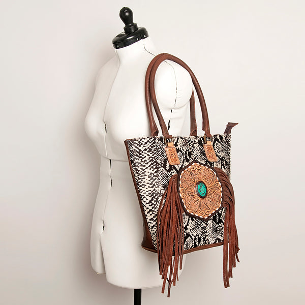 ADBGA208 American Darling Hair-On Cowhide Fringed Leather Tote Bag with Turquoise Concho