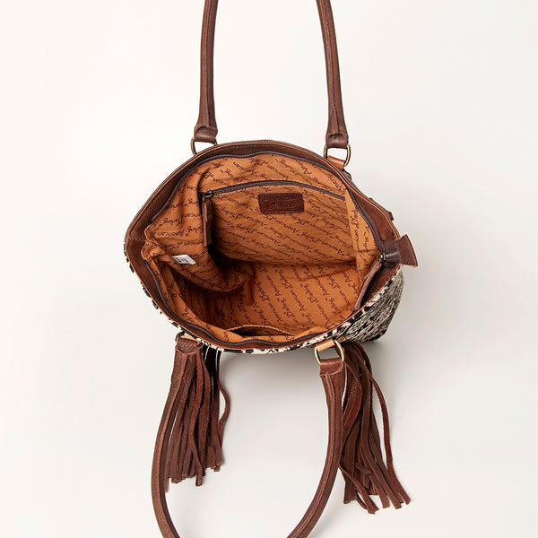 ADBGA208 American Darling Hair-On Cowhide Fringed Leather Tote Bag with Turquoise Concho