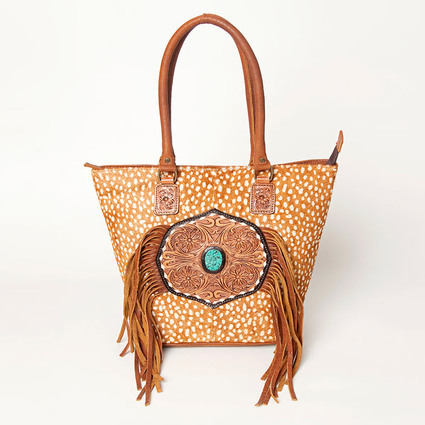 ADBGA208 American Darling Hair-On Cowhide Fringed Leather Tote Bag with Turquoise Concho
