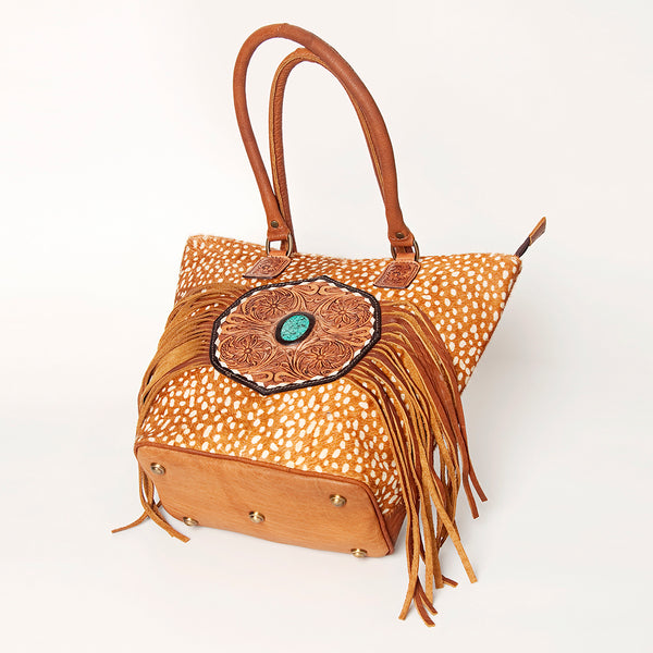 ADBGA208 American Darling Hair-On Cowhide Fringed Leather Tote Bag with Turquoise Concho
