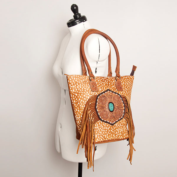 ADBGA208 American Darling Hair-On Cowhide Fringed Leather Tote Bag with Turquoise Concho