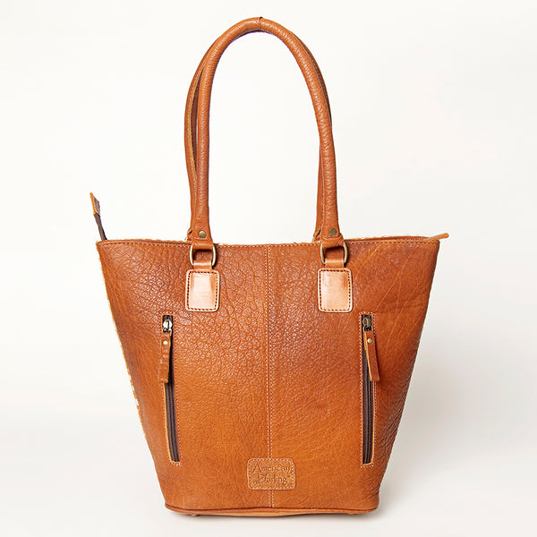 ADBGA208 American Darling Hair-On Cowhide Fringed Leather Tote Bag with Turquoise Concho