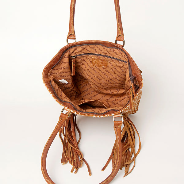 ADBGA208 American Darling Hair-On Cowhide Fringed Leather Tote Bag with Turquoise Concho