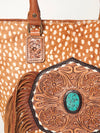 ADBGA208 American Darling Hair-On Cowhide Fringed Leather Tote Bag with Turquoise Concho