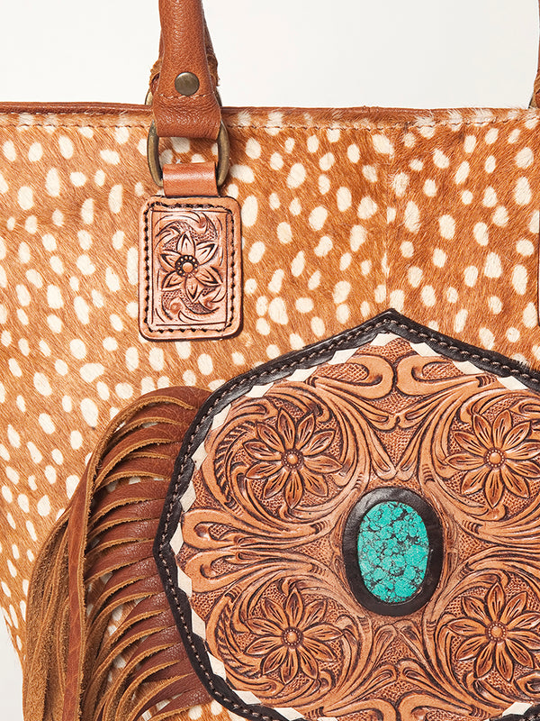 ADBGA208 American Darling Hair-On Cowhide Fringed Leather Tote Bag with Turquoise Concho