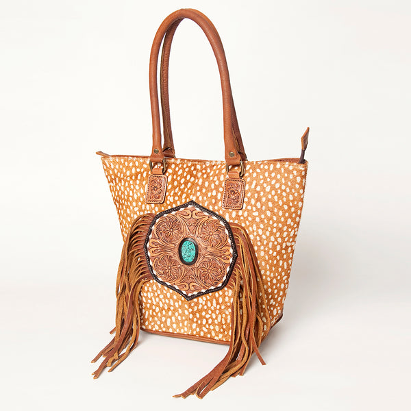 ADBGA208 American Darling Hair-On Cowhide Fringed Leather Tote Bag with Turquoise Concho