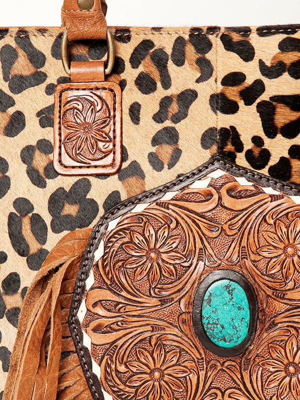 ADBGA208 American Darling Hair-On Cowhide Fringed Leather Tote Bag with Turquoise Concho
