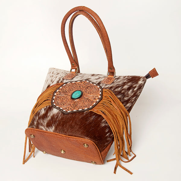 ADBGA208 American Darling Hair-On Cowhide Fringed Leather Tote Bag with Turquoise Concho