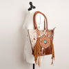 ADBGA208 American Darling Hair-On Cowhide Fringed Leather Tote Bag with Turquoise Concho