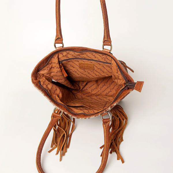 ADBGA208 American Darling Hair-On Cowhide Fringed Leather Tote Bag with Turquoise Concho