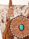 ADBGA208 American Darling Hair-On Cowhide Fringed Leather Tote Bag with Turquoise Concho