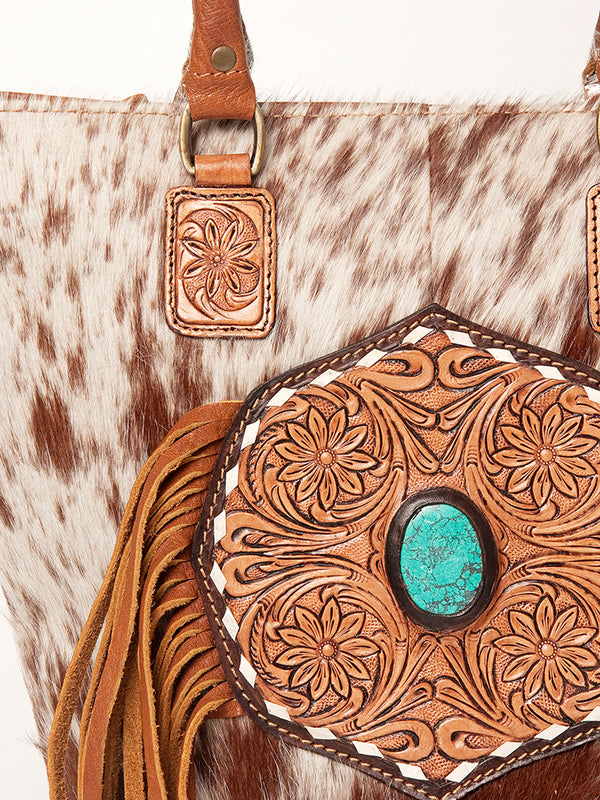 ADBGA208 American Darling Hair-On Cowhide Fringed Leather Tote Bag with Turquoise Concho