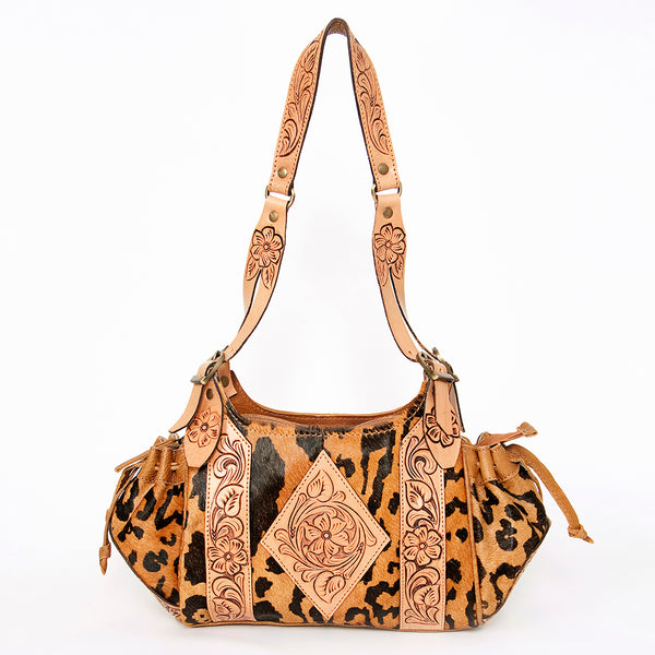 ADBGA209 Western Floral Tooled Leather Cowhide Shoulder Handbag with Drawstring Tassel