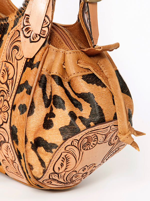 ADBGA209 Western Floral Tooled Leather Cowhide Shoulder Handbag with Drawstring Tassel