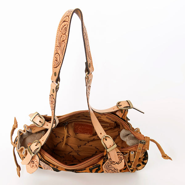 ADBGA209 Western Floral Tooled Leather Cowhide Shoulder Handbag with Drawstring Tassel