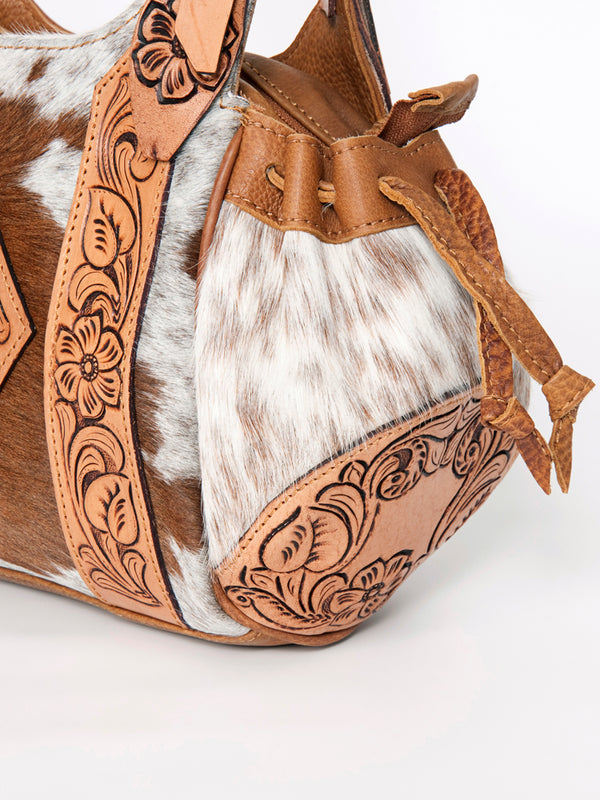 ADBGA209 Western Floral Tooled Leather Cowhide Shoulder Handbag with Drawstring Tassel