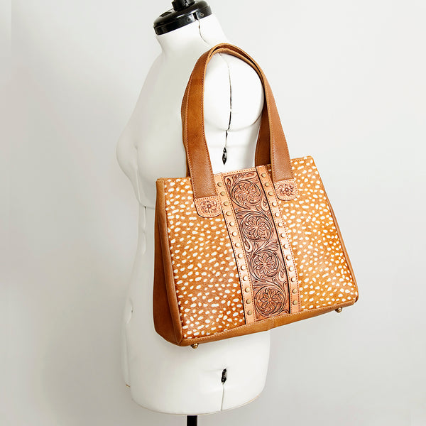 ADBGA210 American Darling Floral Tooled Leather Cowhide Studded Shoulder Bag