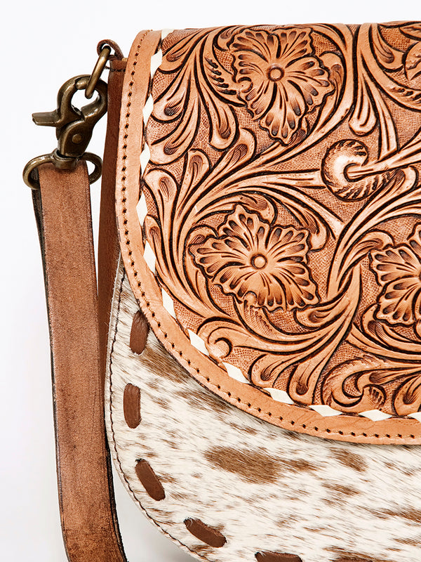 ADBGA211 American Darling Messenger Bag-Floral Hand Tooled Leather & Hair-On Hide