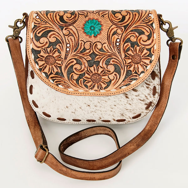 ADBGA211 American Darling Messenger Bag-Floral Hand Tooled Leather & Hair-On Hide