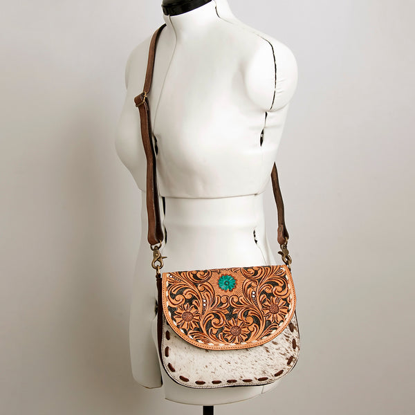 ADBGA211 American Darling Messenger Bag-Floral Hand Tooled Leather & Hair-On Hide