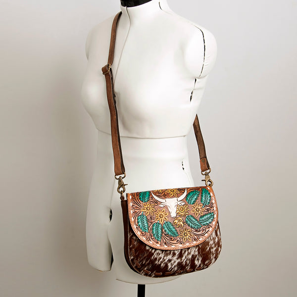 ADBGA211 American Darling Messenger Bag-Floral Hand Tooled Leather & Hair-On Hide