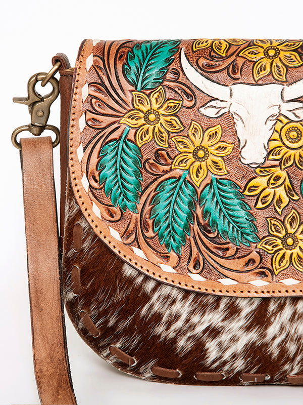 ADBGA211 American Darling Messenger Bag-Floral Hand Tooled Leather & Hair-On Hide