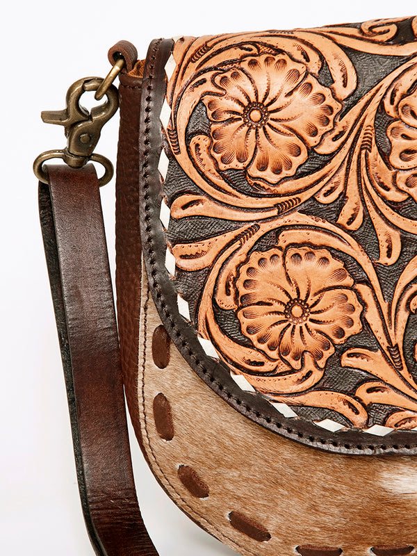 ADBGA211 American Darling Messenger Bag-Floral Hand Tooled Leather & Hair-On Hide