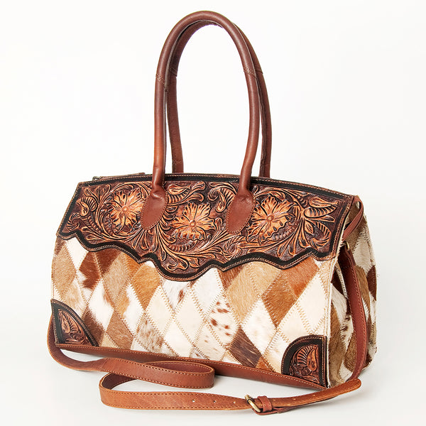 ADBGI108 Cowhide & Tooled Leather Weekender Duffel Bag - Floral Western Travel Purse