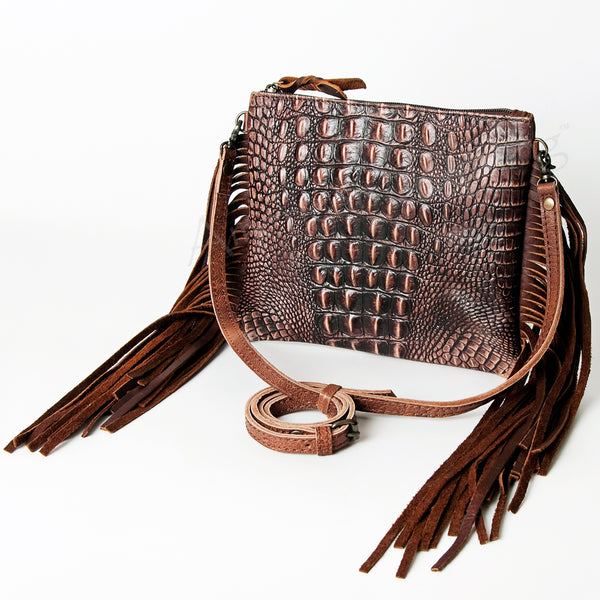 ADBG823 American Darling Crocodile Embossed Leather Cross body Bag with Fringes